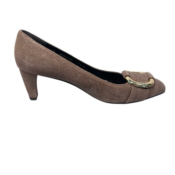 STUART WEITZMAN The Tube Textured Brown Napa Gold Buckle Square Toe Pumps Sz 7.5 - Picture 4 of 16